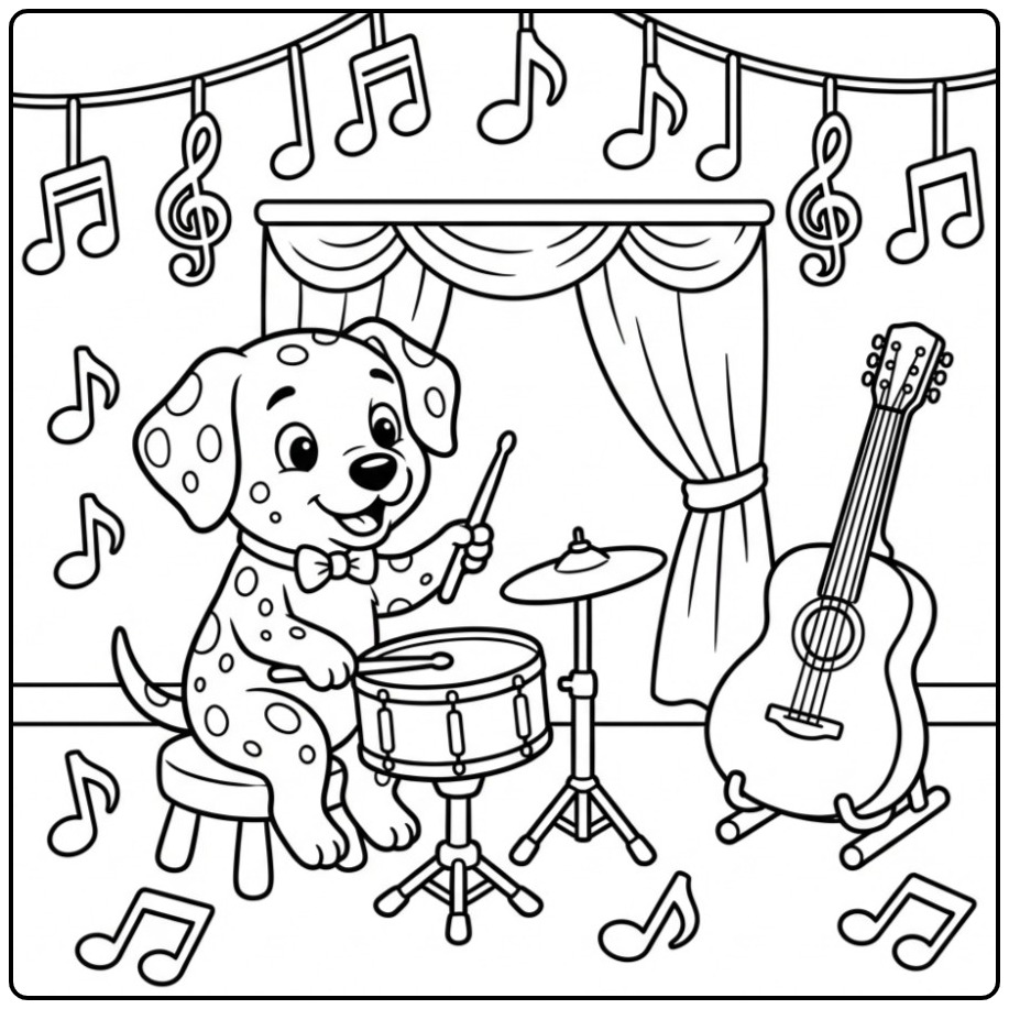 Een vrolijke kleurplaat dalmatier puppy achter een drumstel.