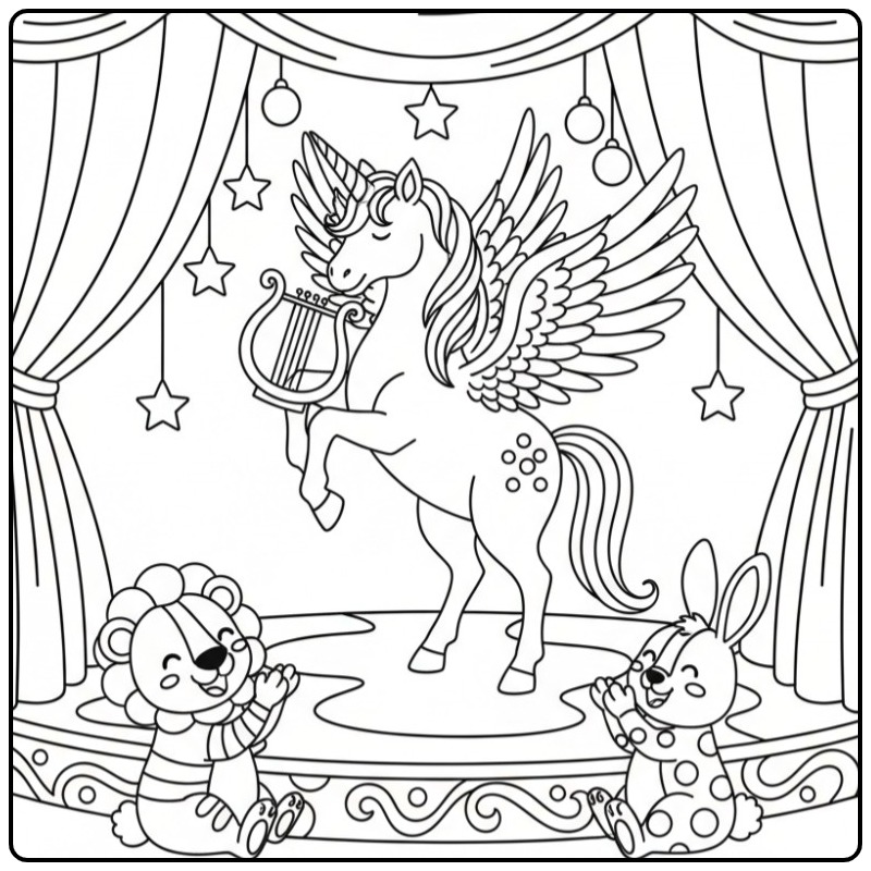 Schattige kleurplaat eenhoorn met vleugels op een podium