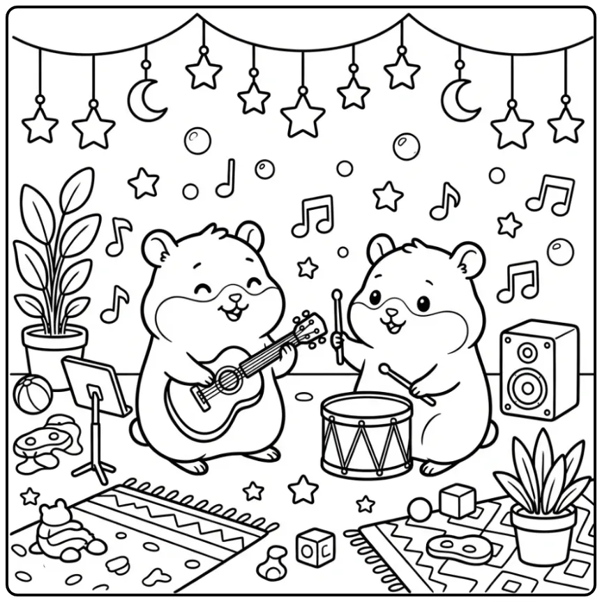 Een schattige kleurplaat hamster die gitaar speelt en drumt.
