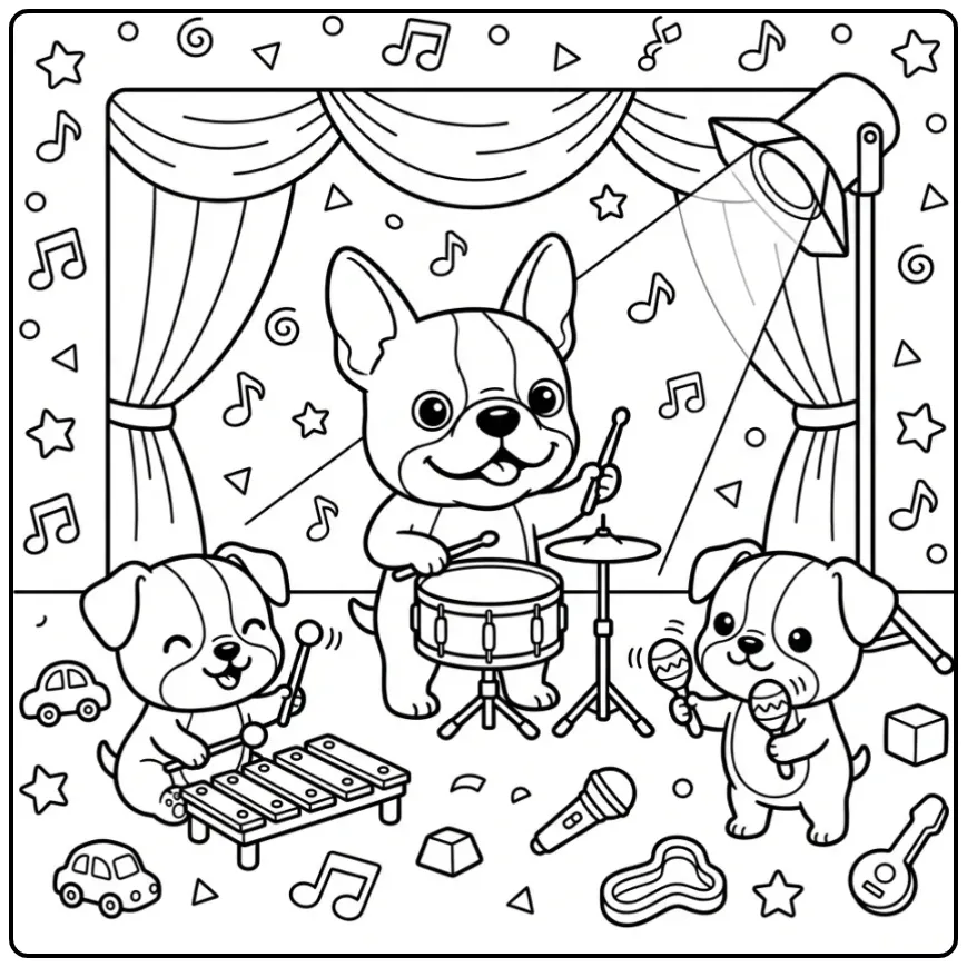 Kleurplaat honden puppies spelen muziek met drums en xylofoon.