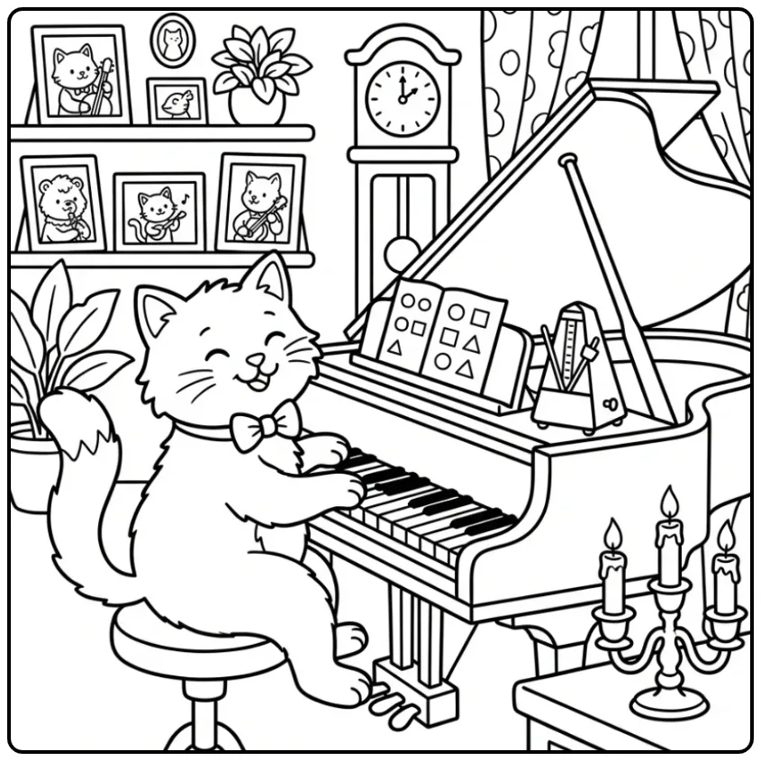 Gedetailleerde kleurplaat kat moeilijk met piano en kaarsen