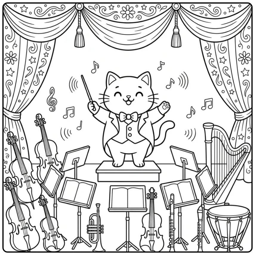 Dirigent poes op kleurplaat kat moeilijk met instrumenten.