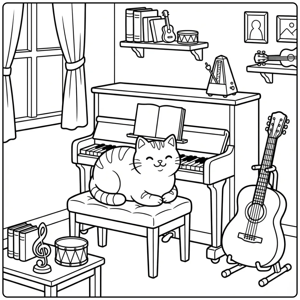 Een leuke kleurplaat kat zittend bij een piano en gitaar.