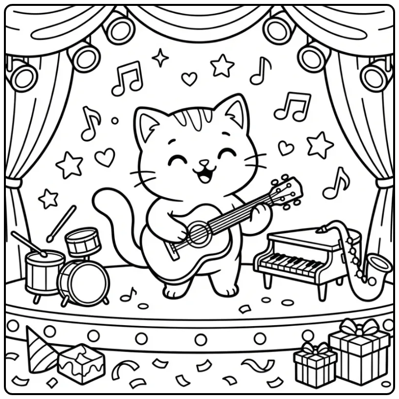 Vrolijke kleurplaat kitten speelt gitaar met muzieknoten.