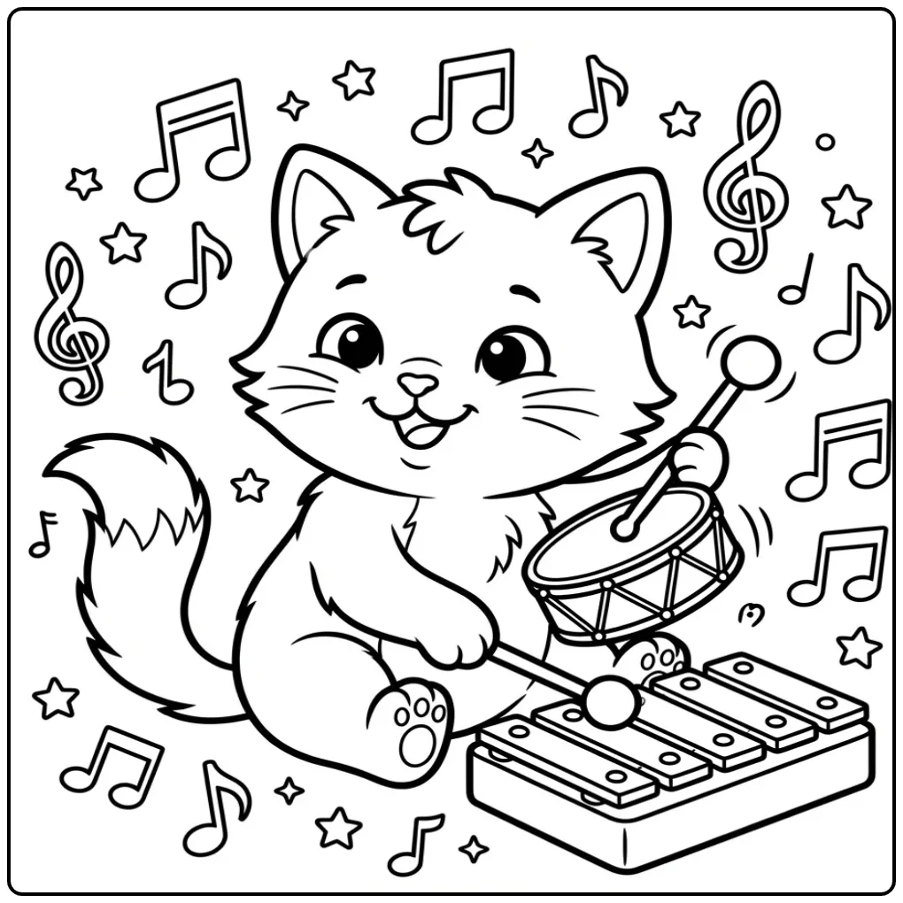 Een kleurplaat kitten die speelt op een trommel en xylofoon.