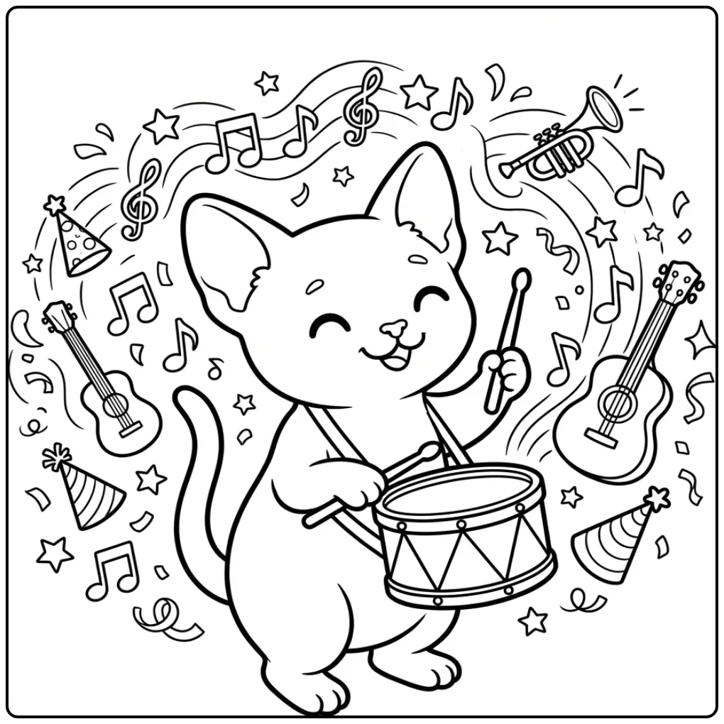 Vrolijke kleurplaat kitten schattig maakt muziek.
