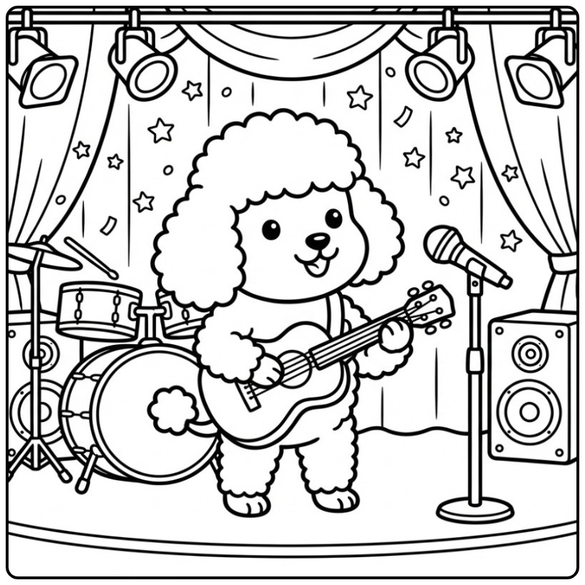 Leuke kleurplaat poedel die gitaar speelt op een podium.