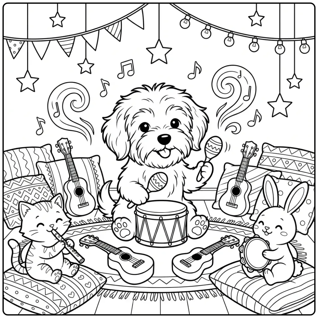 Schattige kleurplaat puppy die op een trommel speelt.