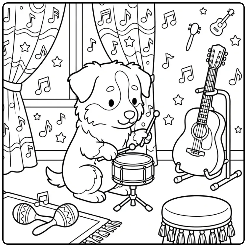 Kleurplaat puppy moeilijk spelend op drums in muziekkamer.