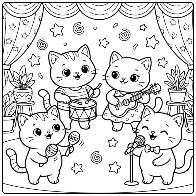 Vrolijke kleurplaat schattige katjes maken samen muziek.