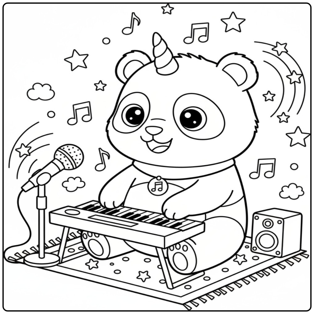 Een schattige musicerende unicorn panda kleurplaat voor kids.