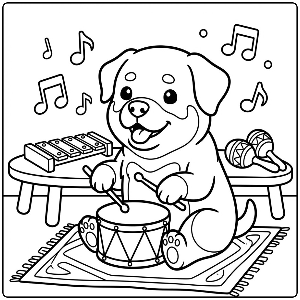 Een schattige rottweiler kleurplaat in een muzikale hoek.