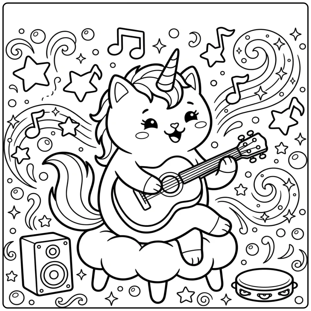 Een schattige unicorn kat kleurplaat met gitaar op een wolk.