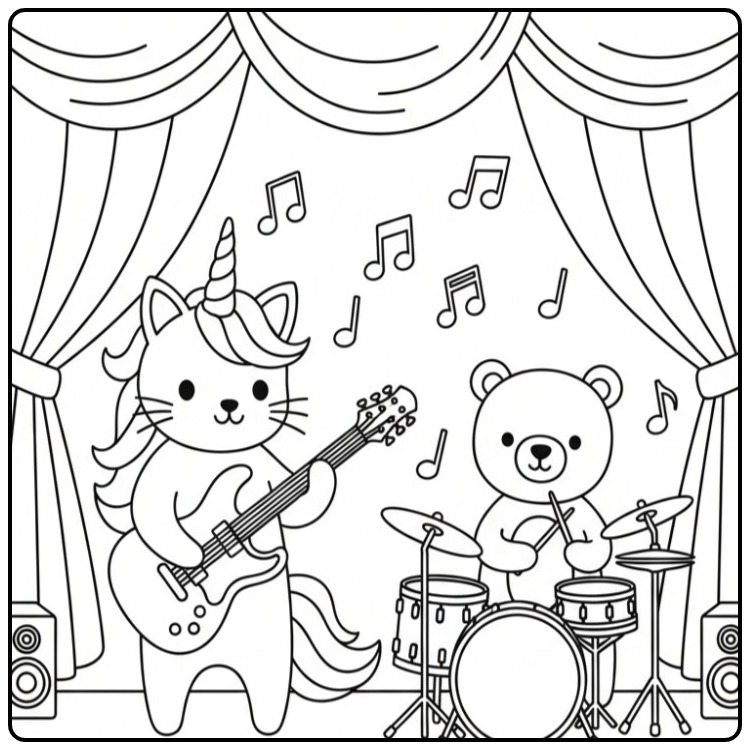 Rockende unicorn kat kleurplaat met een beer op de drums.