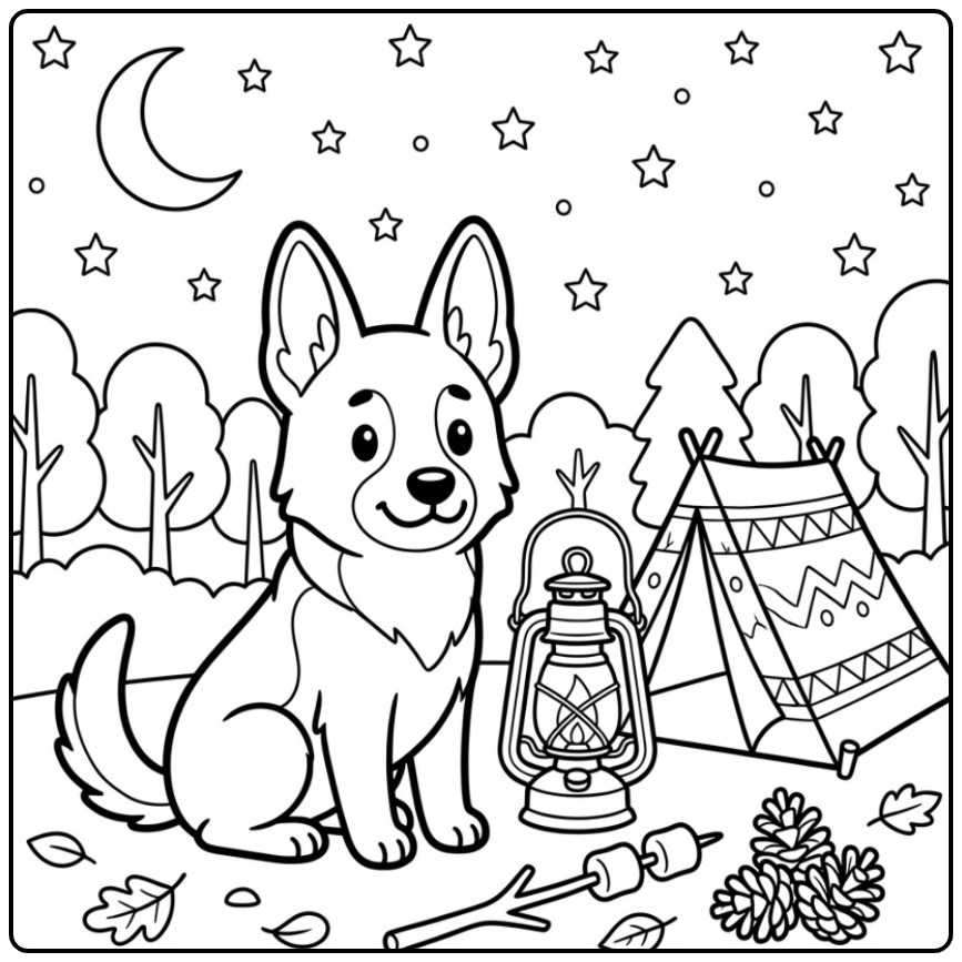 Leuke kleurplaat mechelse herder op een camping bij nacht.