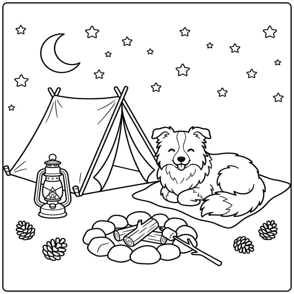 Schattige kleurplaat border collie op een gezellige camping.