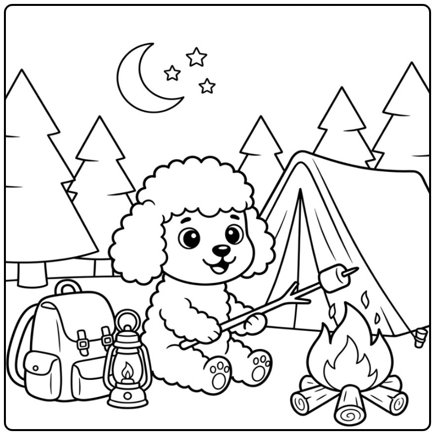 Een schattige kleurplaat poedel die een marshmallow roostert.