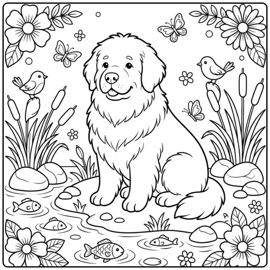 Grote Newfoundlander kleurplaat hond schattig in de natuur