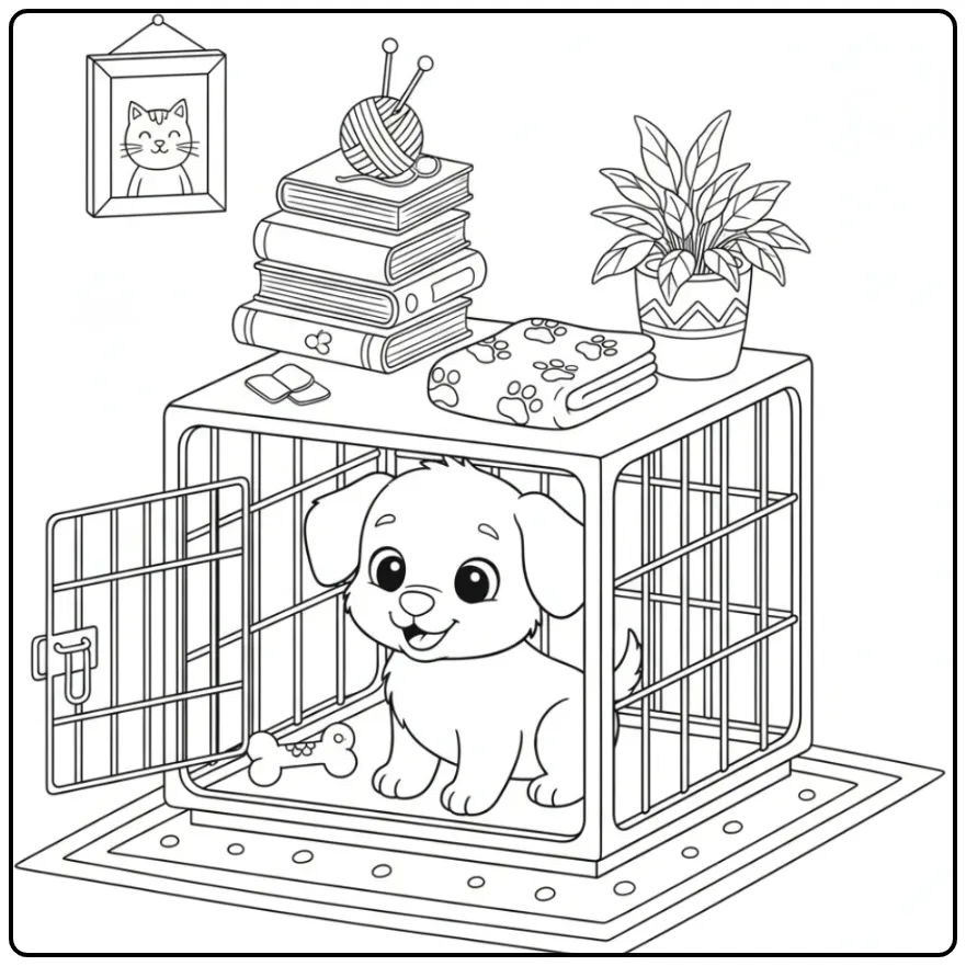 Een schattige puppy in een kleurplaat hondenhok met speeltjes.