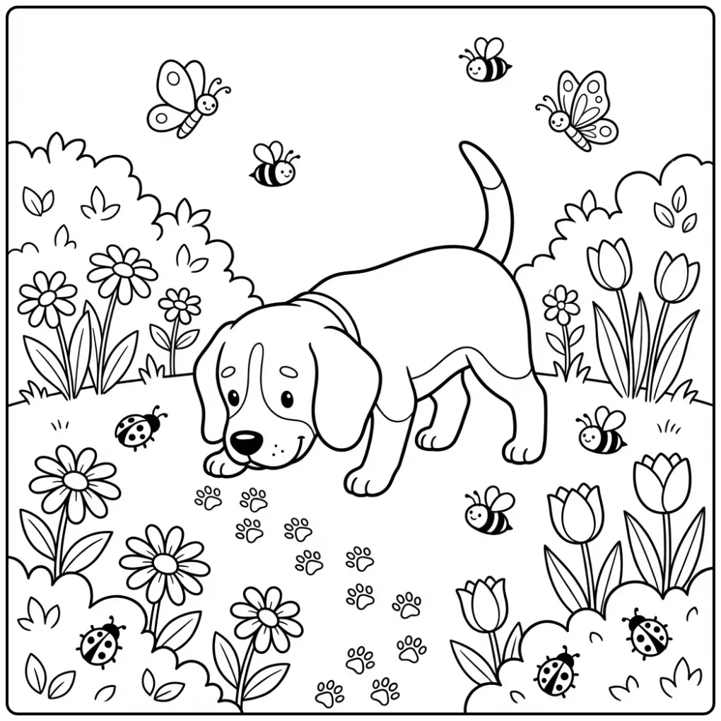 Een kleurplaat hond beagle die in de wei snuffelt aan sporen.