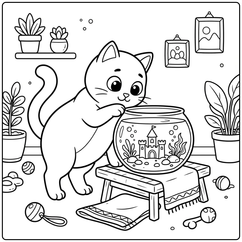 Schattige kleurplaat kat kijkt nieuwsgierig in een vissenkom.