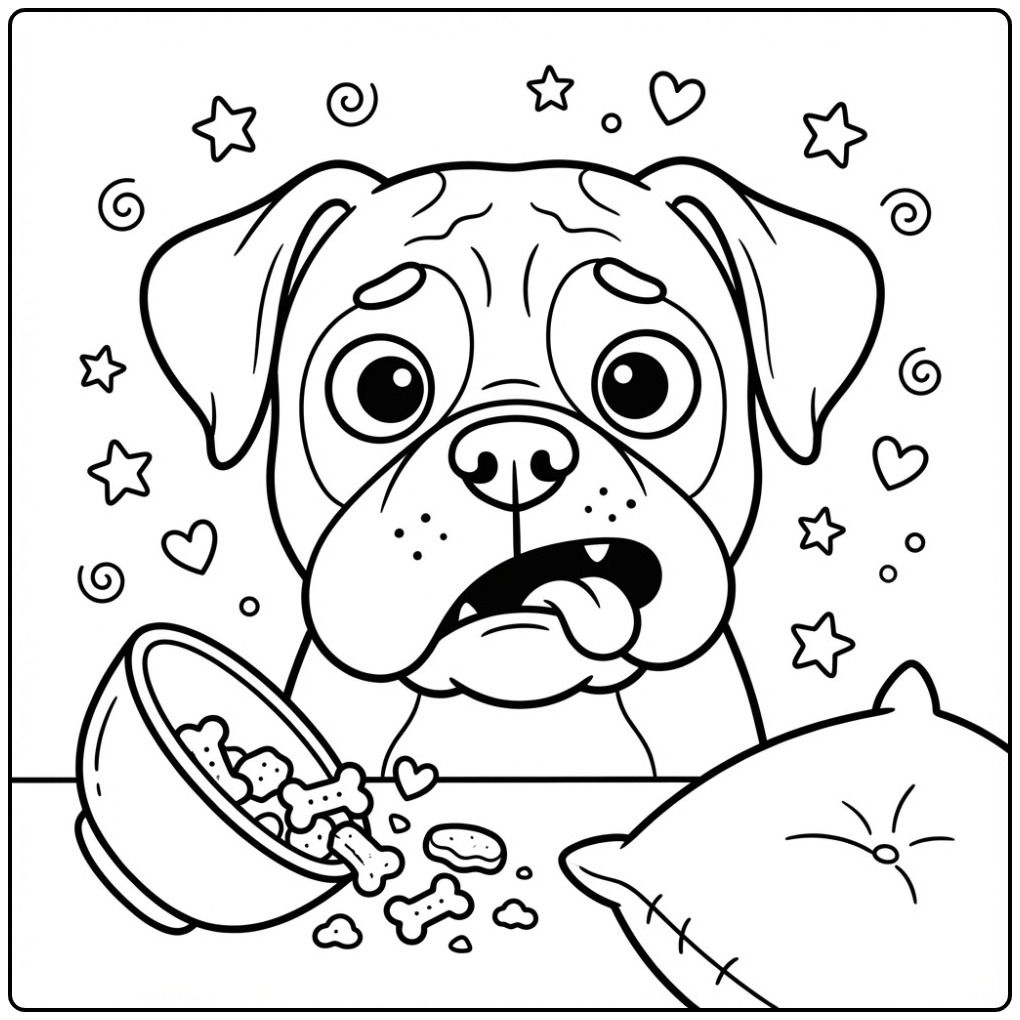 Een grappige kleurplaat boxer hond met een omgevallen voerbak