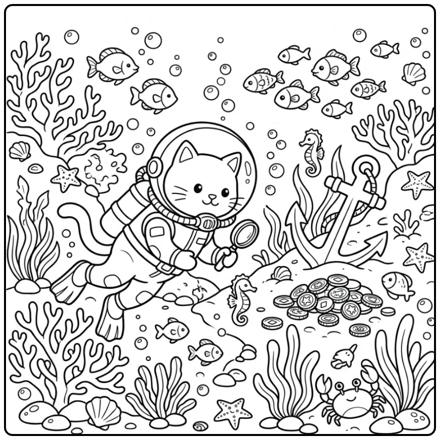 Duikende poes bij rif kleurplaat kat moeilijk met details.