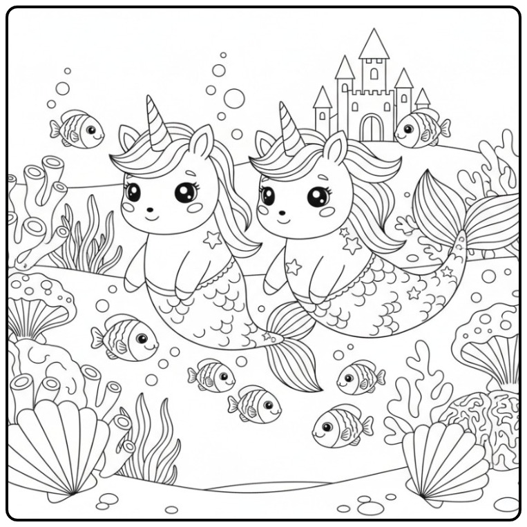 Twee vriendjes op een Makkelijke unicorn zeemeermin kleurplaat.