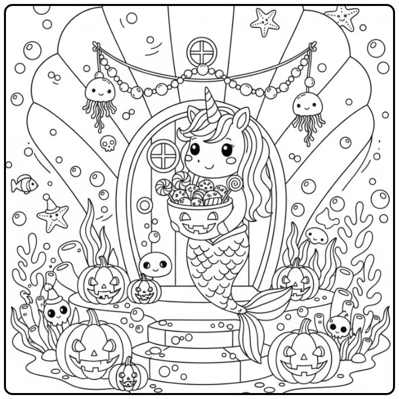 Schattige Kleurplaat unicorn zeemeermin halloween met pompoenen.