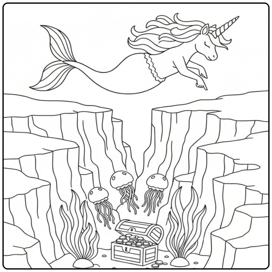 Een magische kleurplaat unicorn zeemeermin in een onderwaterwereld.