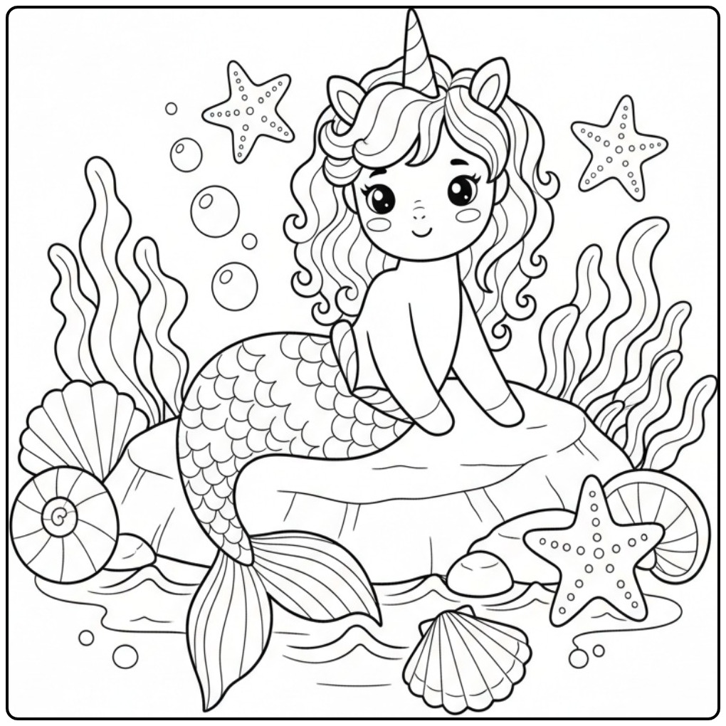 Een schattige Makkelijke unicorn zeemeermin kleurplaat op een rots.