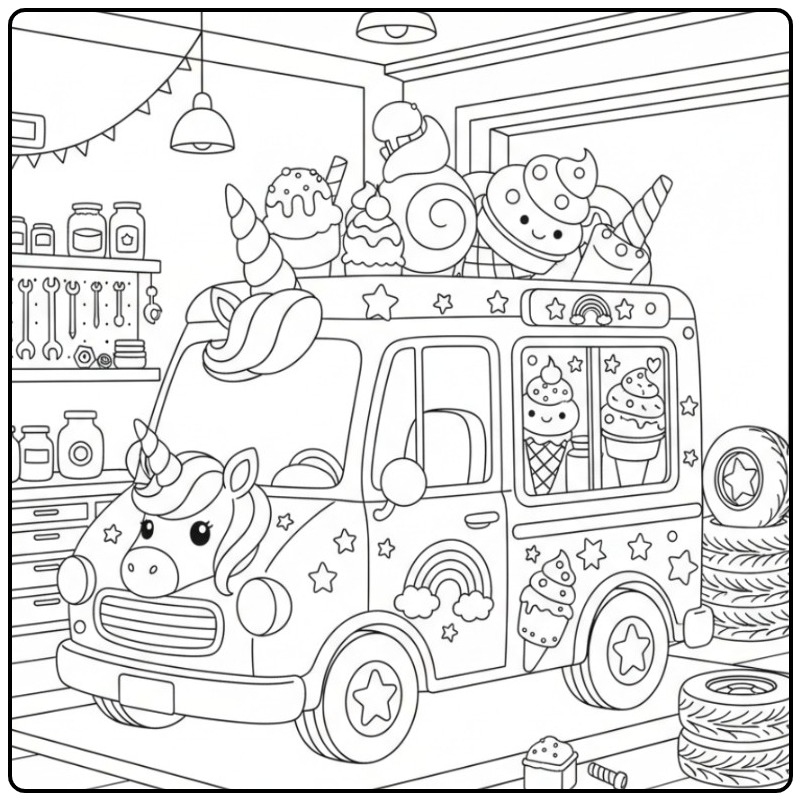 Kleurplaat eenhoorn-ijswagen vol vrolijk ijs en magische details.