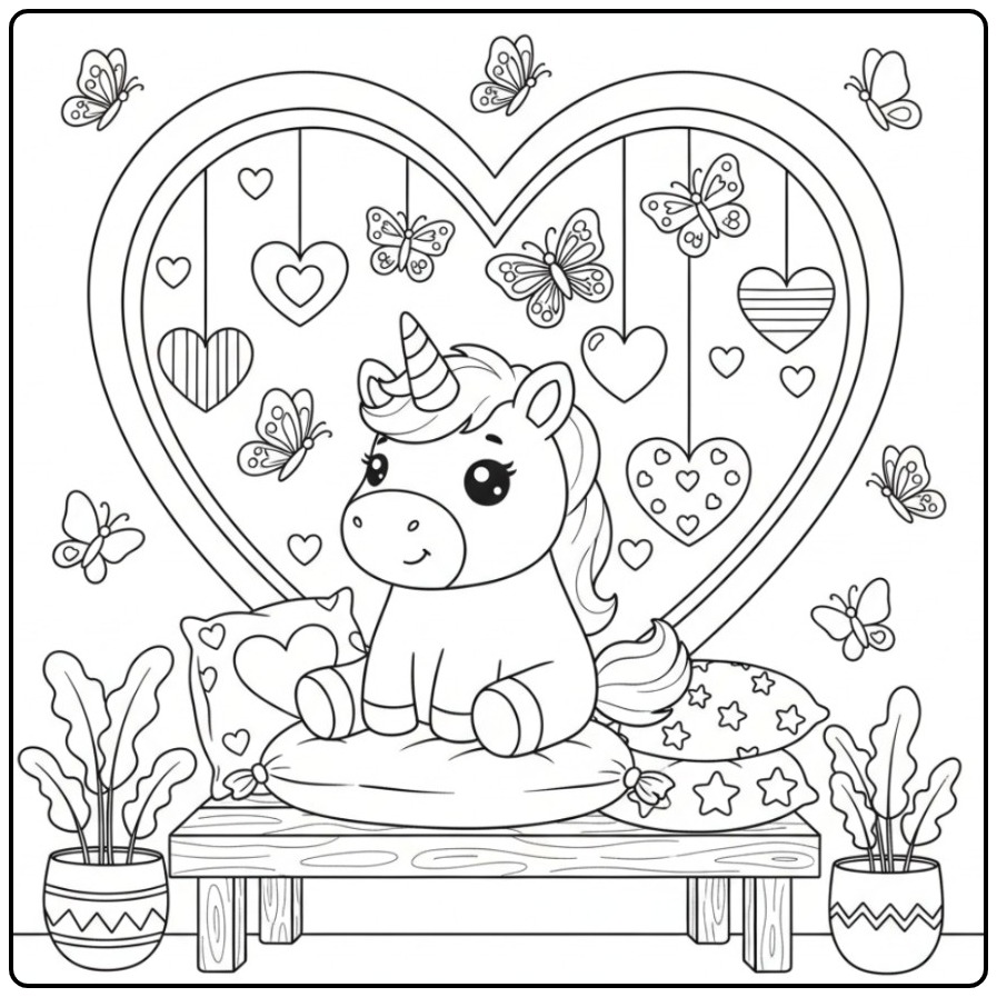Een schattige Kleurplaat unicorn en vlinders hartjes om te kleuren.