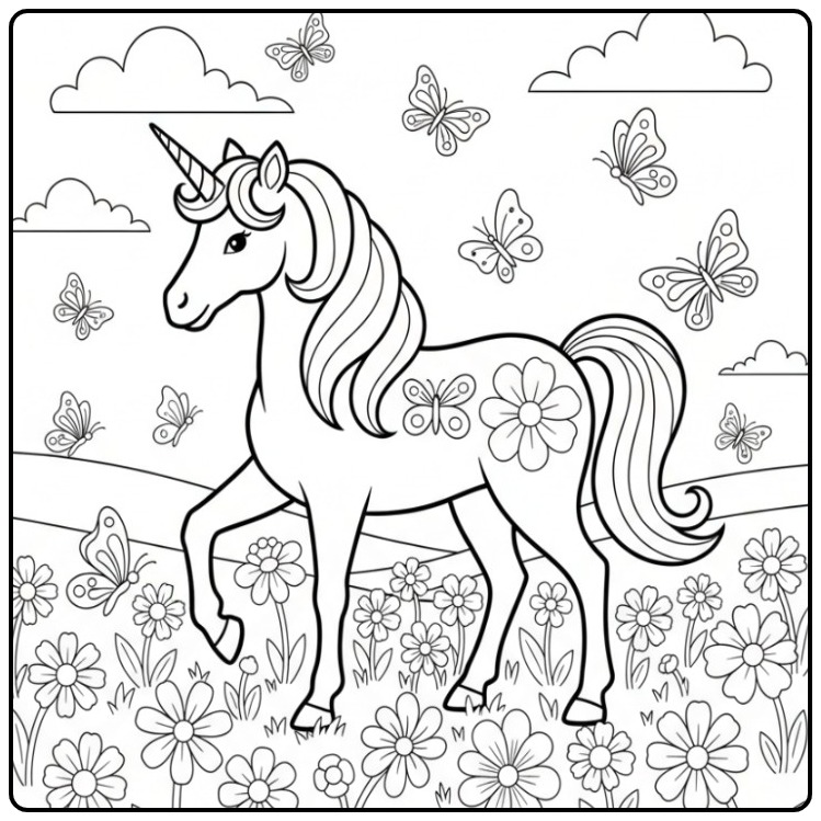 Prachtige vlinders kleurplaat unicorn tussen bloemen en vlinders.