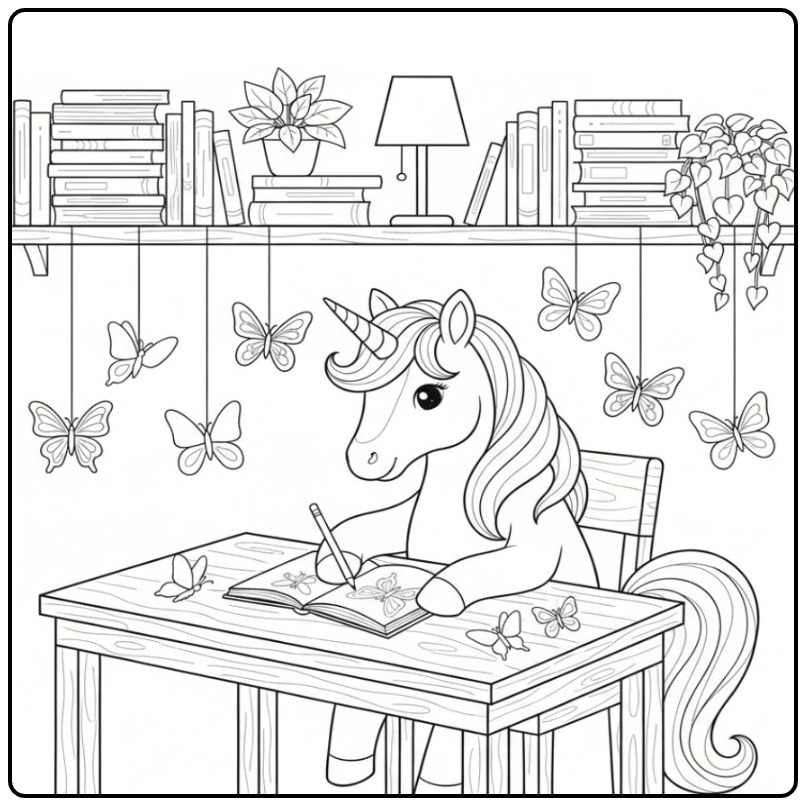 Magische vlinders kleurplaat unicorn tekent vlinders aan een bureau.