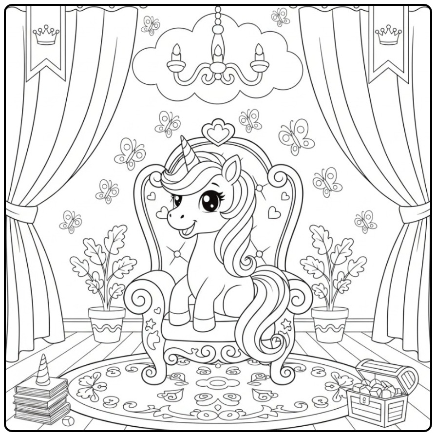 Kleurplaat prinses unicorn en vlinders; eenhoorn zit op troon.