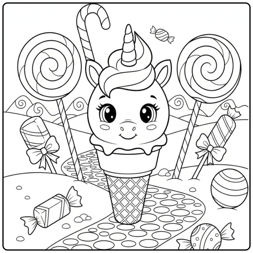Schattige kleurplaat unicorn ijsje, omringd door vrolijke snoepjes.