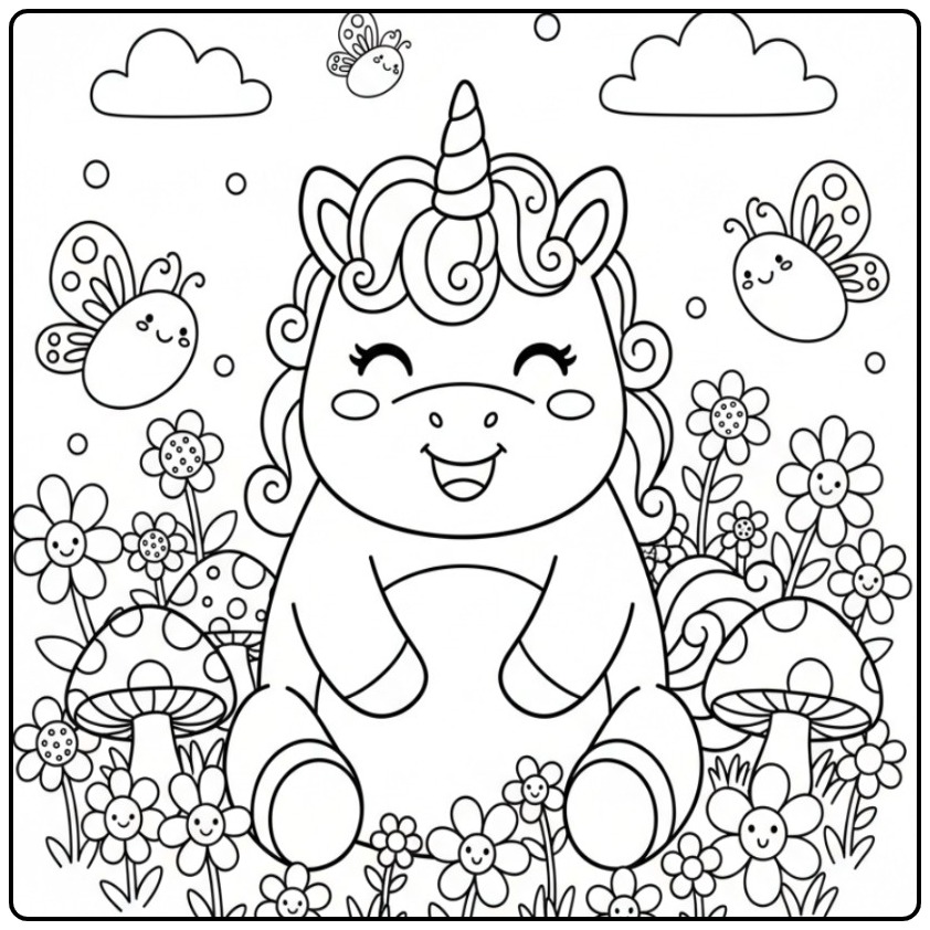 Een schattige kleurplaat eenhoorn schattig zit vrolijk tussen bloemen en vlinders.
