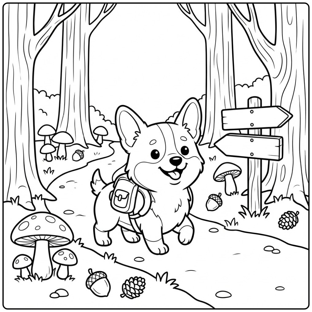 Avontuurlijke corgi kleurplaat van een hondje in het bos.