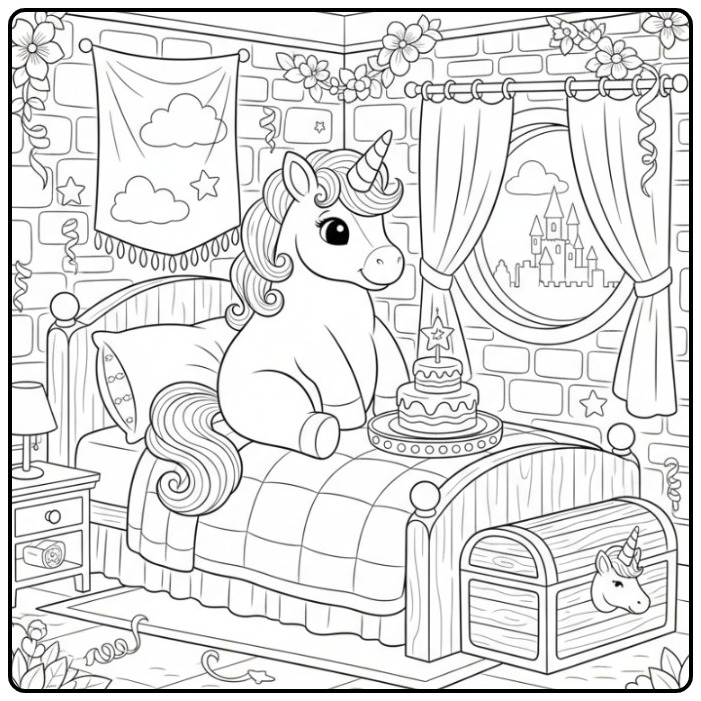 Kleurplaat unicorn verjaardagstaart in een kasteel, vol magie.