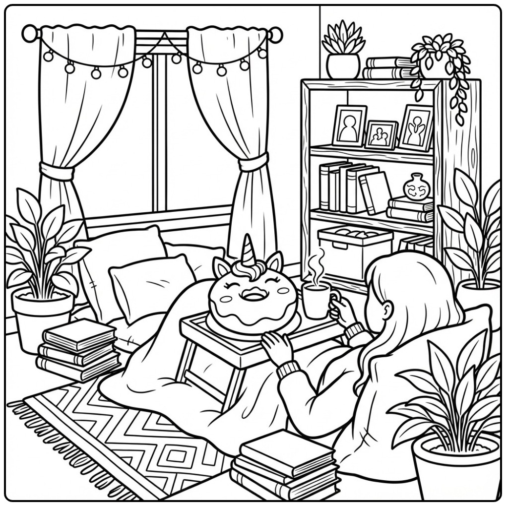 Gezellige kamer met een schattige kleurplaat donut unicorn.