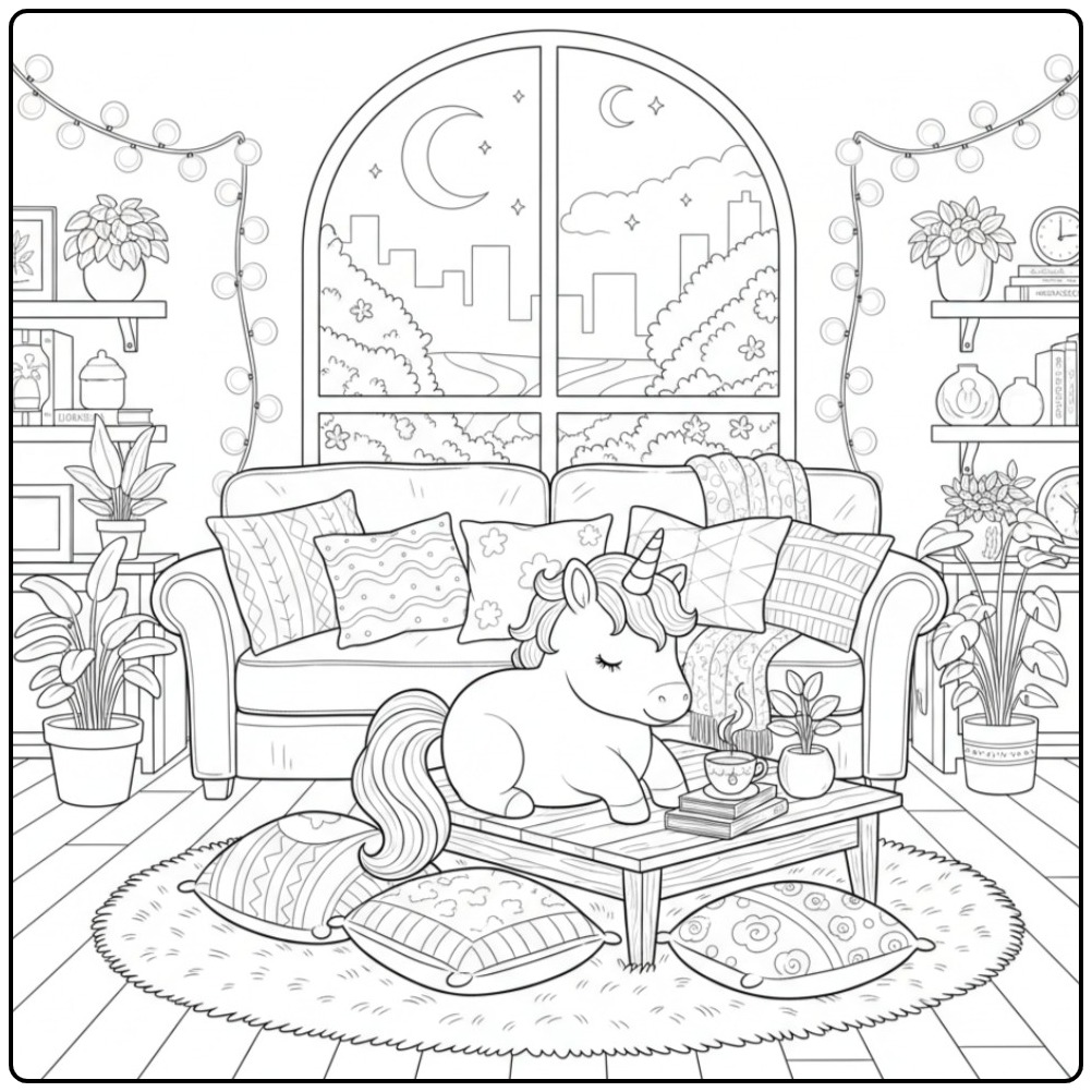 Een schattige baby unicorn kleurplaat in een gezellige kamer.