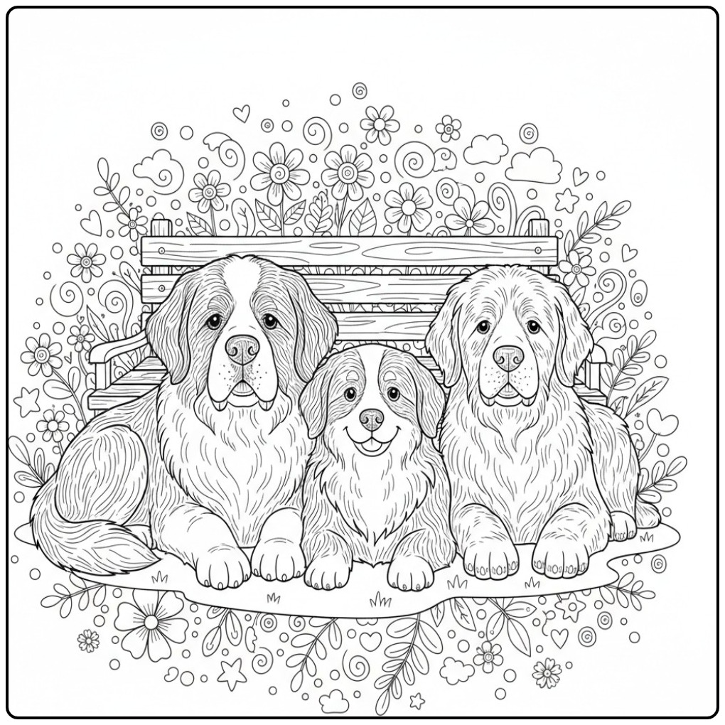 Gedetailleerde honden kleurplaat moeilijk met drie vrienden.