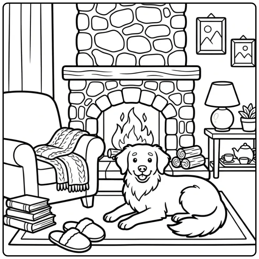 Gezellige kleurplaat hond volwassenen met Stabyhoun bij haard.