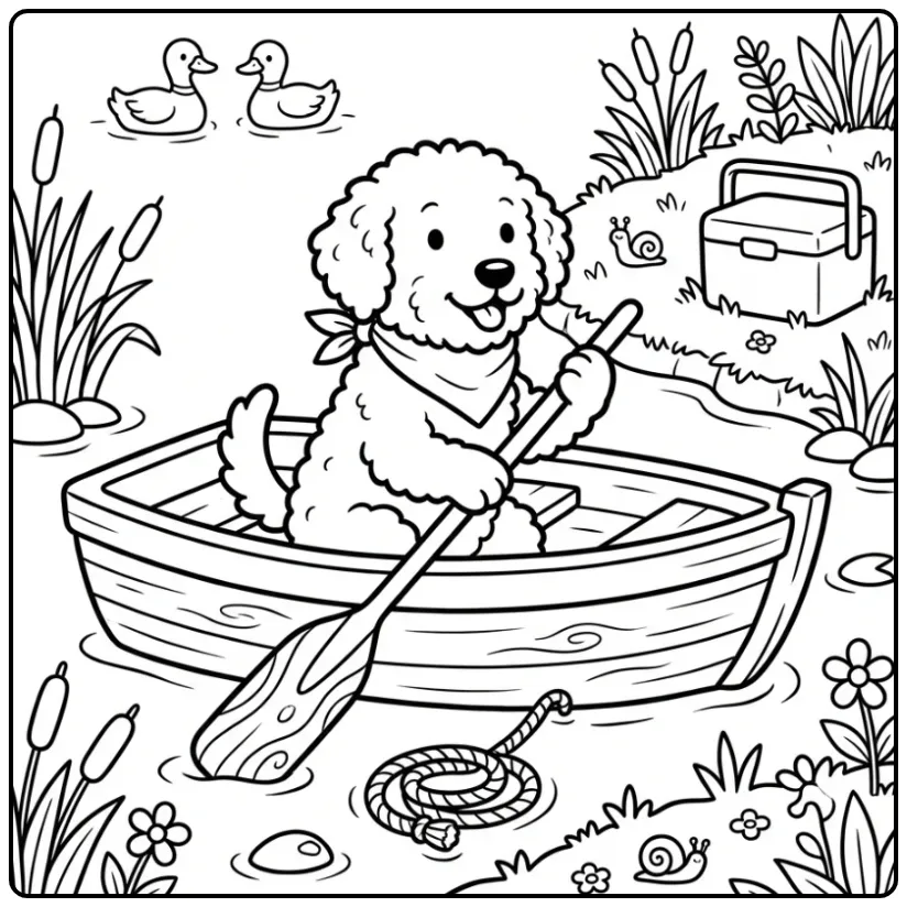 Een vrolijke kleurplaat hond volwassenen in een roeiboot.