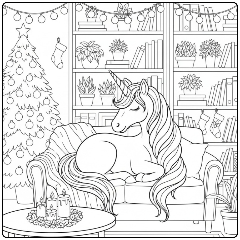 Magische kleurplaat kerst unicorn rust op de bank. Kerstsfeer!