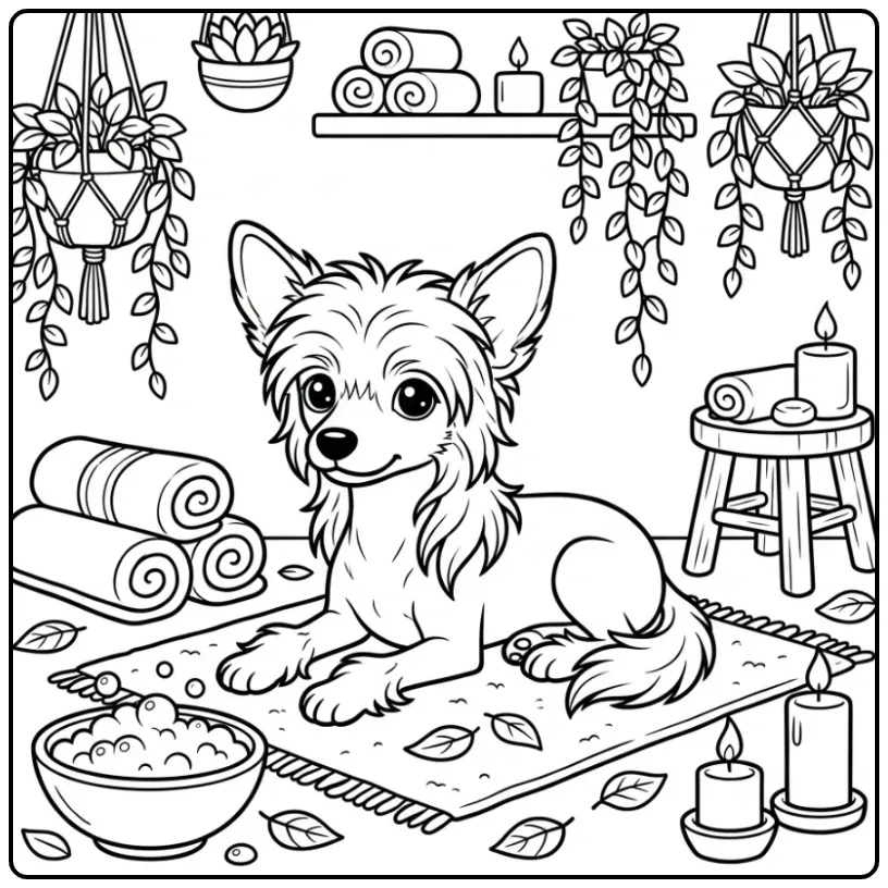 Kleurplaat puppy van een hondje in een spa met handdoeken.