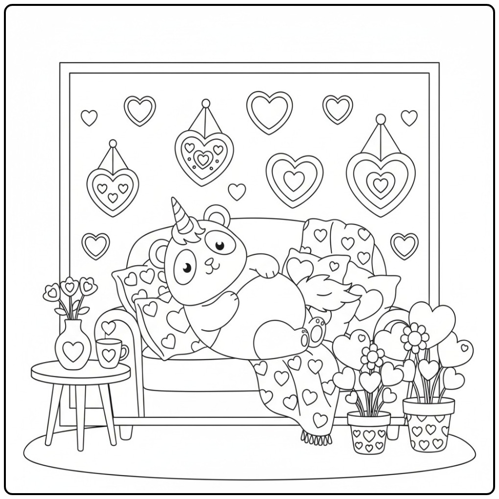 Een luie kleurplaat unicornpanda hartjes op een gezellige bank.