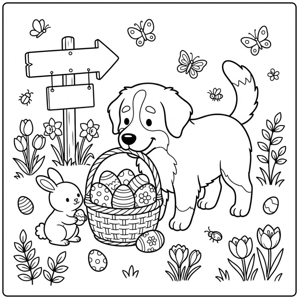 Vrolijke lente kleurplaat berner sennenhond met een paashaas.