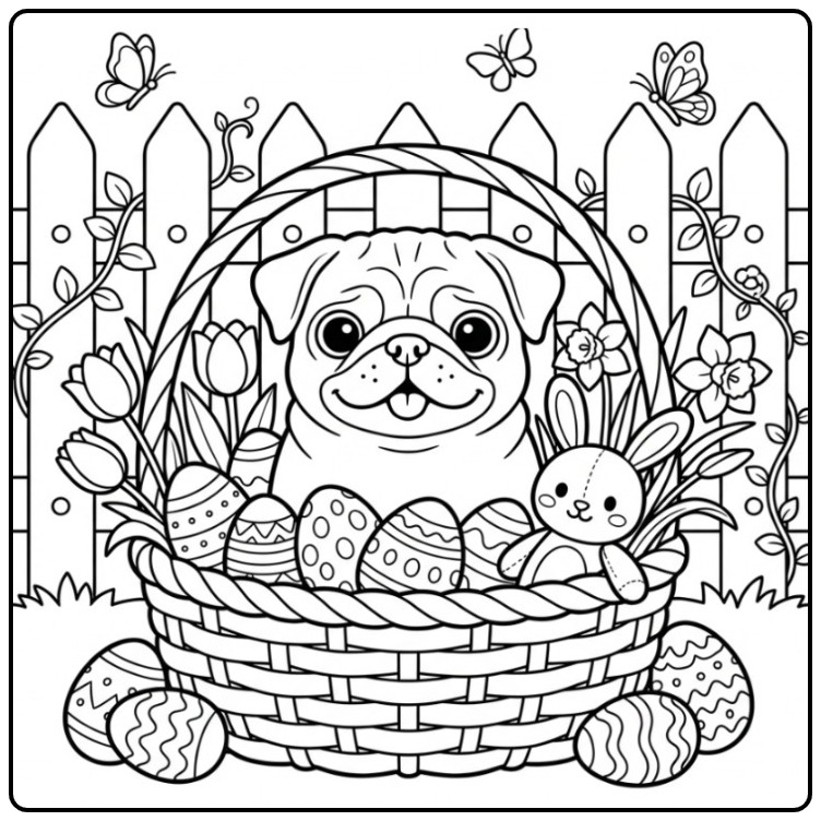 Schattige kleurplaat mopshond in een paasmand vol eitjes.